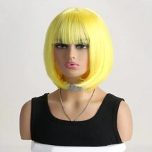 女式時尚自然短捲髮鮑伯假髮帶空氣瀏海和內捲髮,12 英寸,適合角色扮演、萬聖節、舞會和化裝舞會 - 黃色 - 查看 3