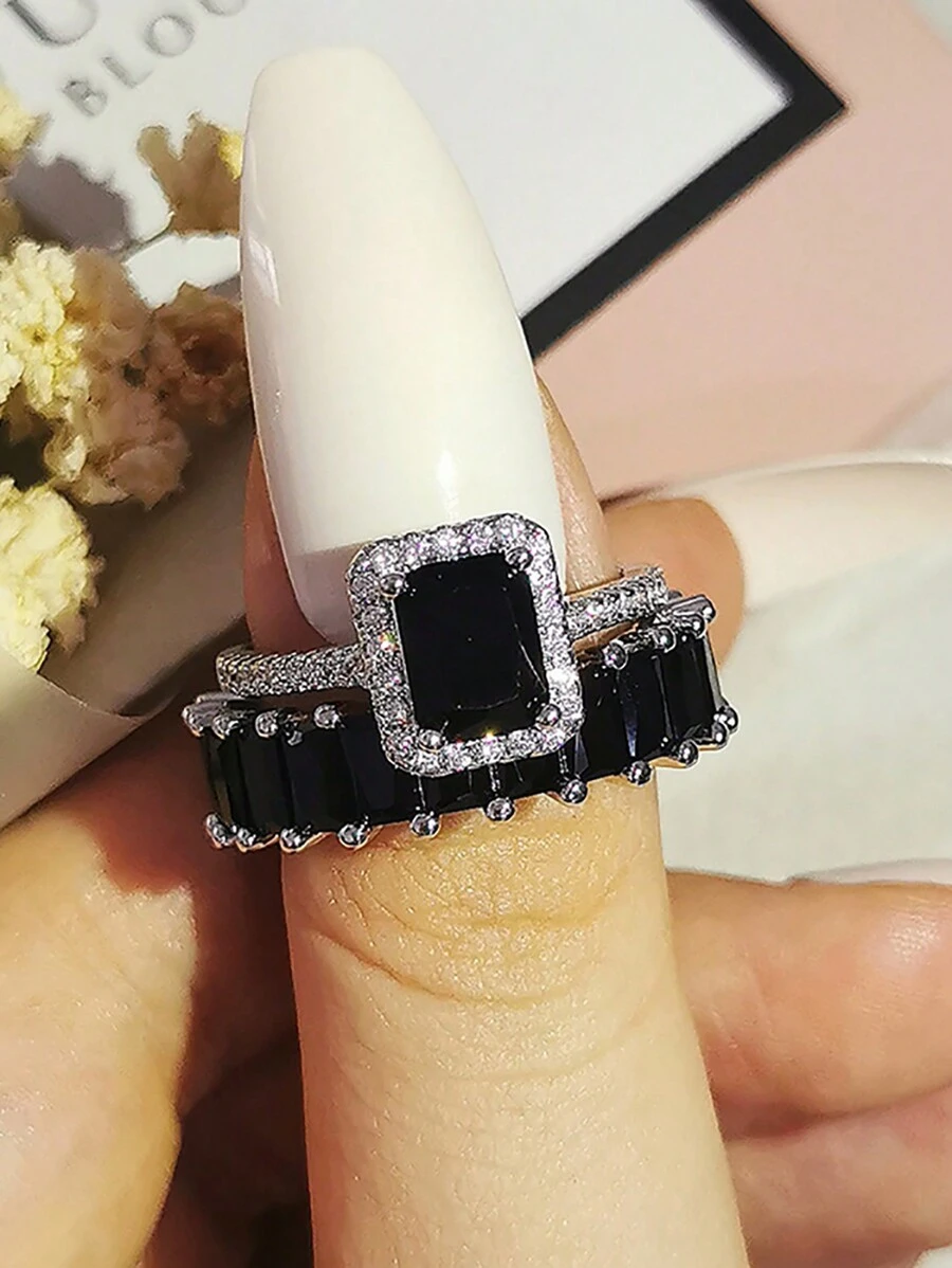 MOONSO 2pcs/Set Gorgeous & High-End Aesthetic Four Prong Setting Cushion Cut Cz Stone Wedding Engagement Eternal Gift Women's Ring Set, R1997-R5950b - Black - View 1