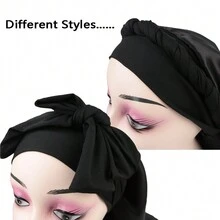 1只彈性薩丁絲做的睡帽,配有可調節的鬆緊帶,適用於舒適睡眠和長披辮、捲髮造型 - 黑色 - 查看 5