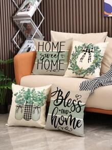 4入組春季主題抱枕套,附有網格、花環、蝴蝶結、字母、草、蝴蝶、葉子設計,用於家居裝飾 - 彩色 - 查看 2