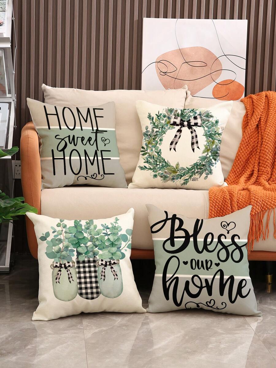 4入組春季主題抱枕套,附有網格、花環、蝴蝶結、字母、草、蝴蝶、葉子設計,用於家居裝飾 - 彩色 - 查看 1