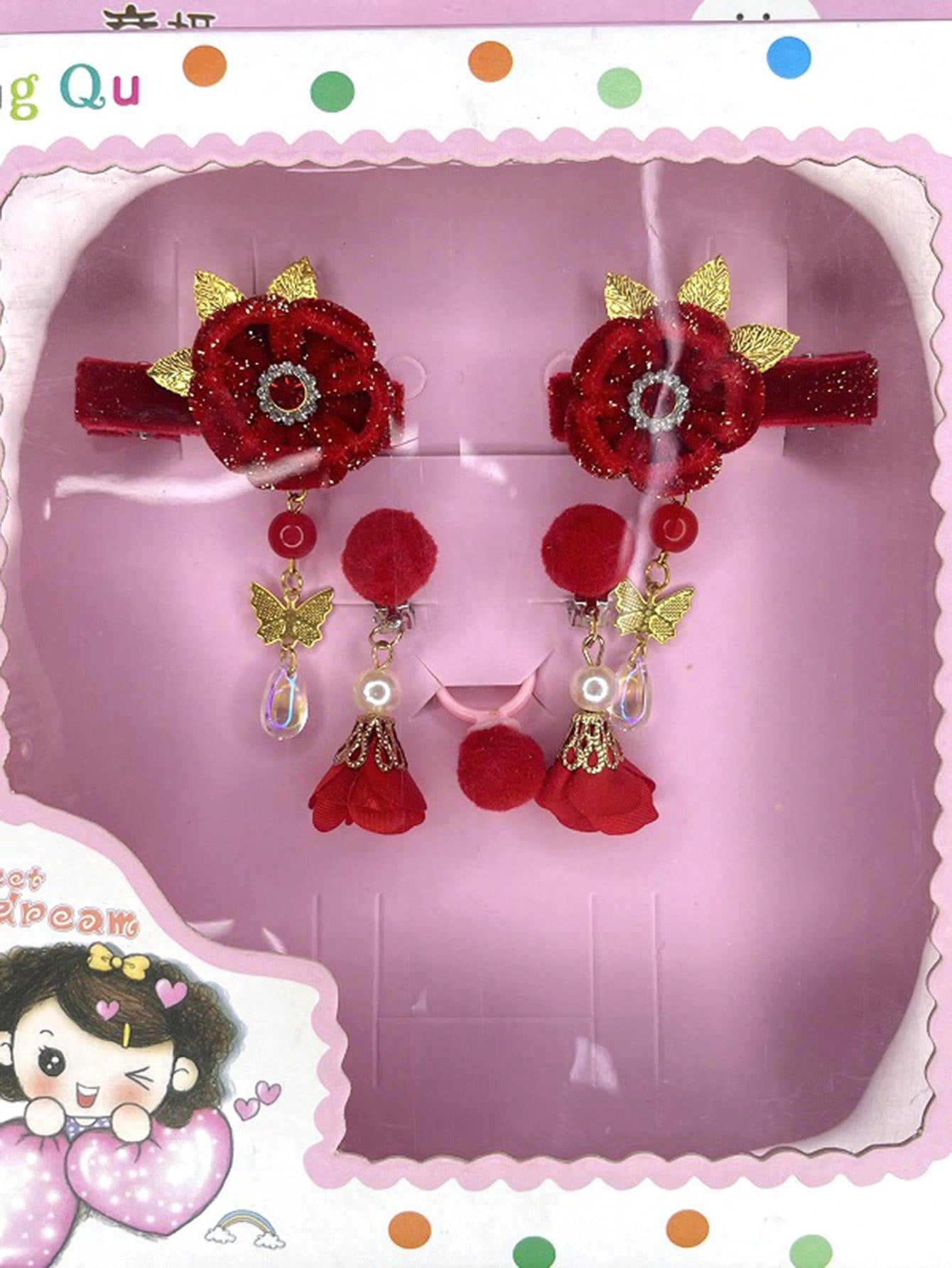 1pc Children'S Handmade Tassel & Pearl Hair Clip In Festive Red, Comes