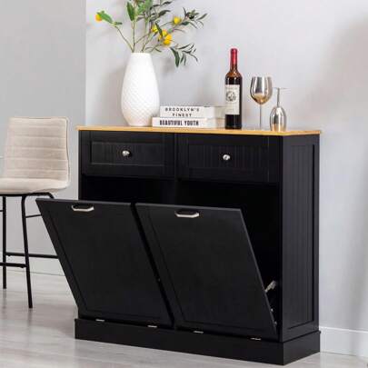 36" Tall Double Tilt Out Trash Cabinet 20 Gallon, Freestanding Wooden Kitchen Trash Recycling Cabinet With Drawer & Removable Cutting Board, Dog Proof Trash Can Cabinet