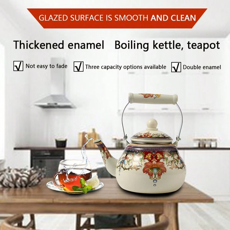 1pc 1.5-2.5l Elegant Ceramic Handle Thickened Enamel Tea/Coffee Pot; Vintage Style Flat-Bottom Enamel Pot With Enamel Interior For Home Or Restaurant Use, Can Be Used On Induction Cooker/Gas Stove; Available In 3 Sizes, Can Be Used For Festivals, Family Gatherings, Dinner Parties; Suitable As Gift - Rare Pear-shaped Pot - View 1