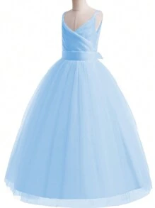 Girls Spaghetti Strap Tulle Dress, Suitable For Flower Girl, Wedding, Prom, Graduation, Evening Gown, Summer - Baby Blue - View 4