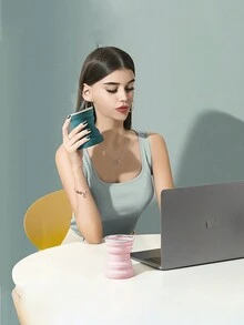 1只矽膠折疊杯具有蓋子,便攜迷你伸縮杯,戶外旅行杯,露營杯 - 灰湖藍 - 查看 4