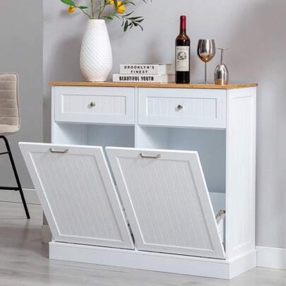 36" Tall Double Tilt Out Trash Cabinet 20 Gallon, Freestanding Wooden Kitchen Trash Recycling Cabinet With Drawer & Removable Cutting Board, Dog Proof Trash Can Cabinet