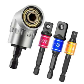 4pcs Electric Drill Extender Impact Grade Power Hand Tools, Driver Sockets Adapter Extension Set, 1/4" 3/8" 1/2" Hex Shank Drill Nut Driver Bit Set + 105 Degree Right Angle Driver, Extension Screwdriver Drill Attachment