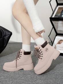 秋季新款靴子,流行英倫風女式工作靴,戶外鞋 - 藕粉色 - 查看 2
