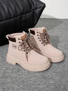 秋季新款靴子,流行英倫風女式工作靴,戶外鞋 - 藕粉色 - 查看 6