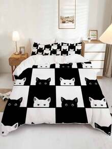 3入組時尚被套套裝,可愛卡通貓咪印花床上用品套裝,柔軟舒適透氣被套,適用於卧室客房裝飾（1*被套+2*枕套,不含被芯） - 彩色 - 查看 5