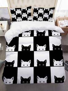 3入組時尚被套套裝,可愛卡通貓咪印花床上用品套裝,柔軟舒適透氣被套,適用於卧室客房裝飾（1*被套+2*枕套,不含被芯） - 彩色 - 查看 4