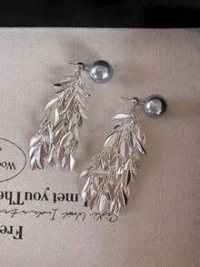 1pc Women'S Grey Iridescent Pearl Fringe Earrings Perfect For Autumn/Winter,An Exquisite Earwear That Can Be Worn In Two Ways To Highlight Facial Features - Silver - View 7