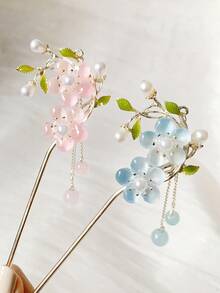 1 套 2 件裝粉紅色和藍色珍珠花和流蘇髮夾,復古風格,優雅高檔女式髮飾 - 彩色 - 查看 5