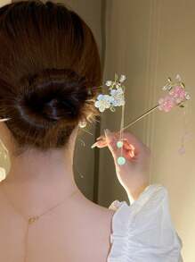 1 套 2 件裝粉紅色和藍色珍珠花和流蘇髮夾,復古風格,優雅高檔女式髮飾 - 彩色 - 查看 2