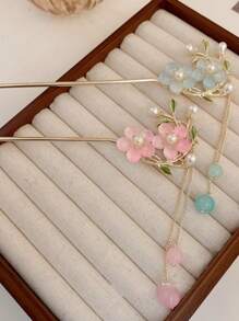 1 套 2 件裝粉紅色和藍色珍珠花和流蘇髮夾,復古風格,優雅高檔女式髮飾 - 彩色 - 查看 4
