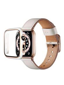 2 件/套兼容 表带和手表保护壳，硬质白色框架搭配玫瑰金饰边，二合一防震防刮手表保护壳带屏幕保护膜，搭配柔软舒适的皮革表带