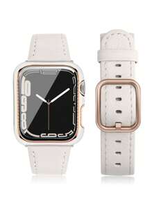2 件/套兼容 表带和手表保护壳，硬质白色框架搭配玫瑰金饰边，二合一防震防刮手表保护壳带屏幕保护膜，搭配柔软舒适的皮革表带
