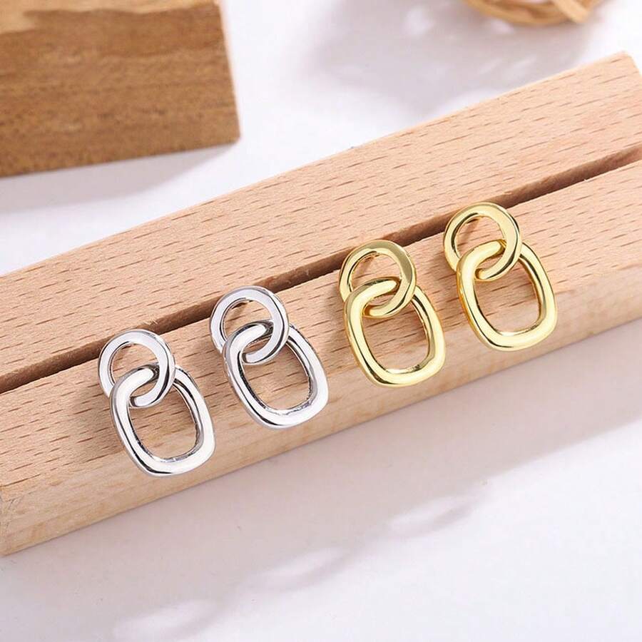 女士s925純銀雙環耳針,簡約時尚,佩戴百搭又別致 - 金色 - 查看 1