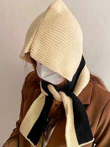 1入組歐美風格復古針織帽子和圍巾套裝,女士冬季穿著,多色拼貼,可作為披肩或圍巾穿著,休閒街頭風格,適合日常穿著 - 米色 - 查看 3
