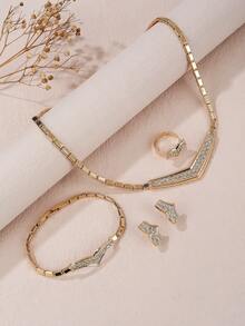 5pcs Party Women Jewelry Sets Rhinestone Girlfriend Gift Choker Necklace Bracelet Ring Earrings - Multicolor - View 3