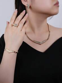 5pcs Party Women Jewelry Sets Rhinestone Girlfriend Gift Choker Necklace Bracelet Ring Earrings - Multicolor - View 1