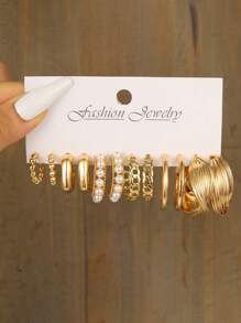 12對/套極簡c形設計人造珍珠耳環套裝,適合約會、度假和聖誕節 - 金黃色 - 查看 10