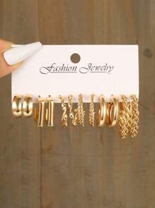 12對/套極簡c形設計人造珍珠耳環套裝,適合約會、度假和聖誕節 - 金黃色 - 查看 9