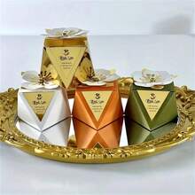 50pcs Exquisite Multifaceted Triangular 3d Flower Gift Box With Gold-Color & White Card And Delicate Flowers For Wedding, Party, Birthday, Candy, Pastry, Chocolate, Jewelry, Guest Favor And Decoration - Green+Gold Card - View 5
