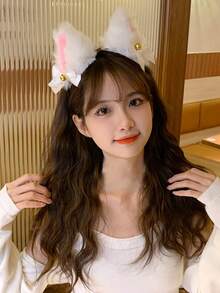 1入組女性可愛毛絨貓耳頭帶,帶鈴鐺,適用於角色扮演、派對等場合 - 白色 - 查看 2