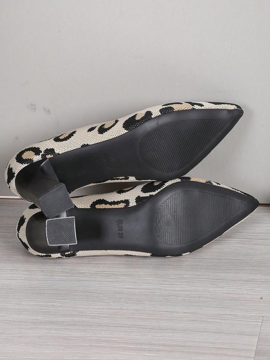 Women's SlipOn Knitted Square Toe Chunky Heel Leopard Print Pumps For