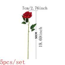 5入組人工絲玫瑰花束長茎,適用於家居婚禮裝飾情人節派對（送給女友的禮物） - 紅色 - 查看 2