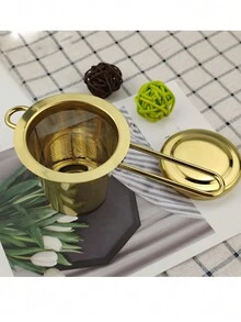 1pc Tea Strainer Filter With Stainless Steel Golden Drum Shape Tea Infuser & Tea Tin For Chinese Gongfu Tea Set Back To School - Gold - View 5