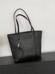 母女 2 件/套时尚手提包，包括零钱包、大容量网格/纯色手提包（带缝合折痕）、单肩包、斜挎包、带小钱袋的女包 - 黑色 - 查看 10