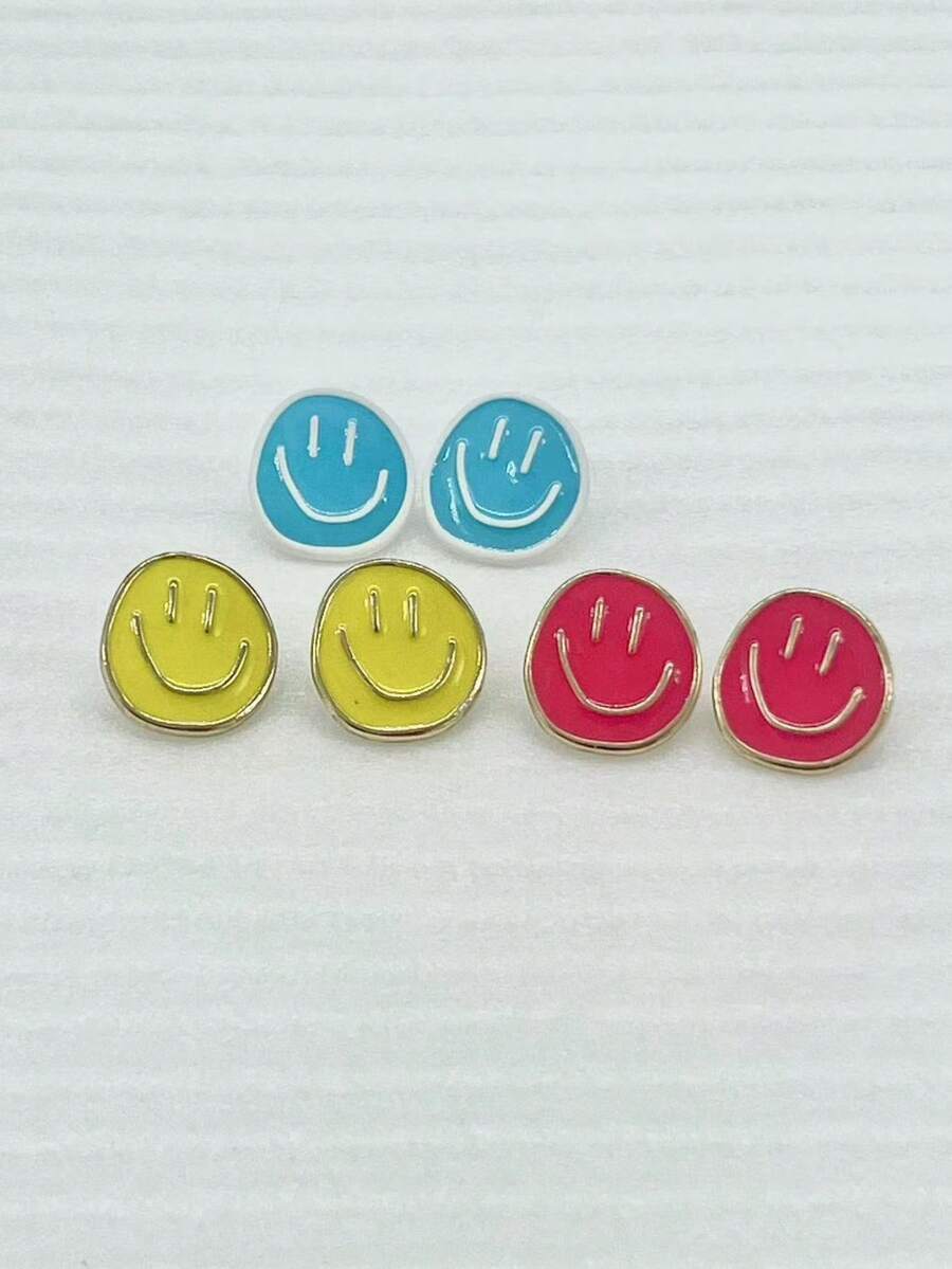 3對/組時尚極簡鋅合金微笑臉耳釘 - 彩色 - 查看 1