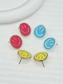 3對/組時尚極簡鋅合金微笑臉耳釘 - 彩色 - 查看 2