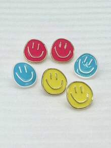 3對/組時尚極簡鋅合金微笑臉耳釘 - 彩色 - 查看 3