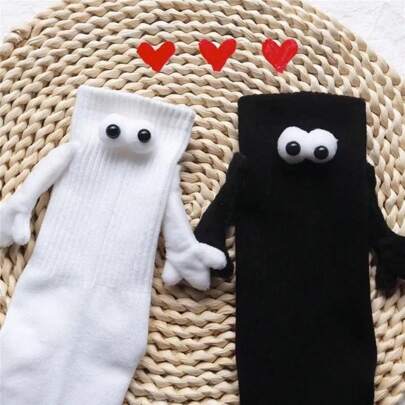 1pair Adorable Cartoon Printed Couple Holding Hands Socks, Funny Gift For Friends Halloween