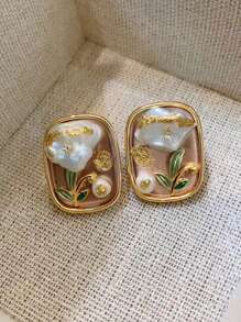 Baroque Painting Style Pearl Earrings, 925 Sterling Silver Pin, Light Luxurious And Unique Design - Flowers - View 3