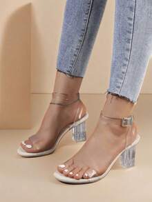 全新女款透明 Pvc 高跟涼鞋,簡約時尚仙女風格性感派對鞋 - 米色 - 查看 4