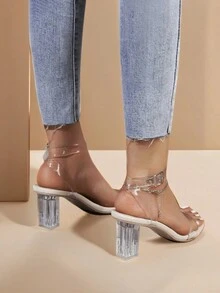 全新女款透明 Pvc 高跟涼鞋,簡約時尚仙女風格性感派對鞋 - 米色 - 查看 3