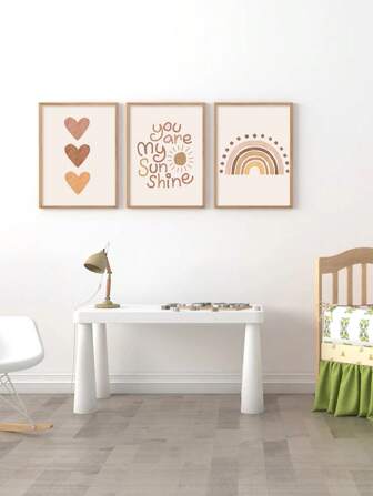 3 件套带框/不带框异想天开波西米亚风儿童帆布艺术画，心形和彩虹海报，趣味十足的婴儿房墙面装饰，温馨短语墙画，儿童房墙面装饰，婴儿房墙面装饰