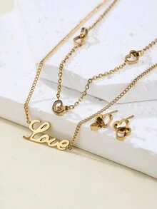 1 套不鏽鋼時尚愛情元素雙層項鍊與心型耳環 - 金黃色 - 查看 3