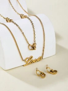 1 套不鏽鋼時尚愛情元素雙層項鍊與心型耳環 - 金黃色 - 查看 2