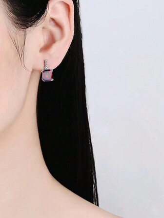 1pc European & American Style Square Cubic Zirconia Drop Earrings Women's Geometric Stud Earring, Suitable For Daily Wear