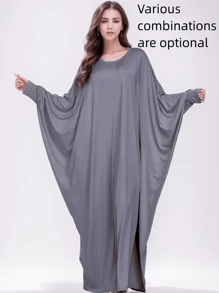 1件女士質地柔軟的彈性腰蝙蝠袖上衣和頭巾(abaya) - 深灰色 - 查看 1