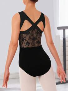 女子芭蕾舞蕾絲連體衣，背心交叉背設計，無袖花朵蕾絲舞蹈連體衣芭蕾衣 - 黑色 - 查看 2