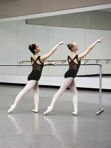 女子芭蕾舞蕾絲連體衣，背心交叉背設計，無袖花朵蕾絲舞蹈連體衣芭蕾衣 - 黑色 - 查看 4