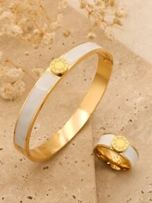 1 bộ/2 cái Thép không gỉ Men răng Nhẫn Bộ nhẫn Đối với phụ nữ Tròn Chữ số La mã Vòng tay Vàng Màu sắc Hợp thời Mới Lắc tay Bộ trang sức - Vàng - Xem 4