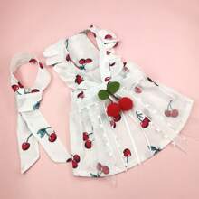 2pcs/Set Pet Clothes With Hair Clip, Cute Cherry Pattern Pet Clothes For Spring And Summer, Lace Bow Tie Dog Wedding Dress, Cat Skirt Suit Pet Clothing - White - View 5